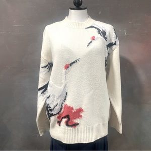 MO&Co. Wool Oversized Crew Sweater Phoenix Birds Appliqué Size XS in Vanilla